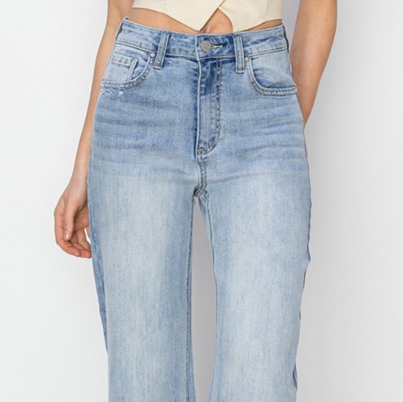 RISEN High-Rise Waist Pants Wide Leg Cropped Frayed Hem Boyfriend Denim Jeans - Picture 4 of 15